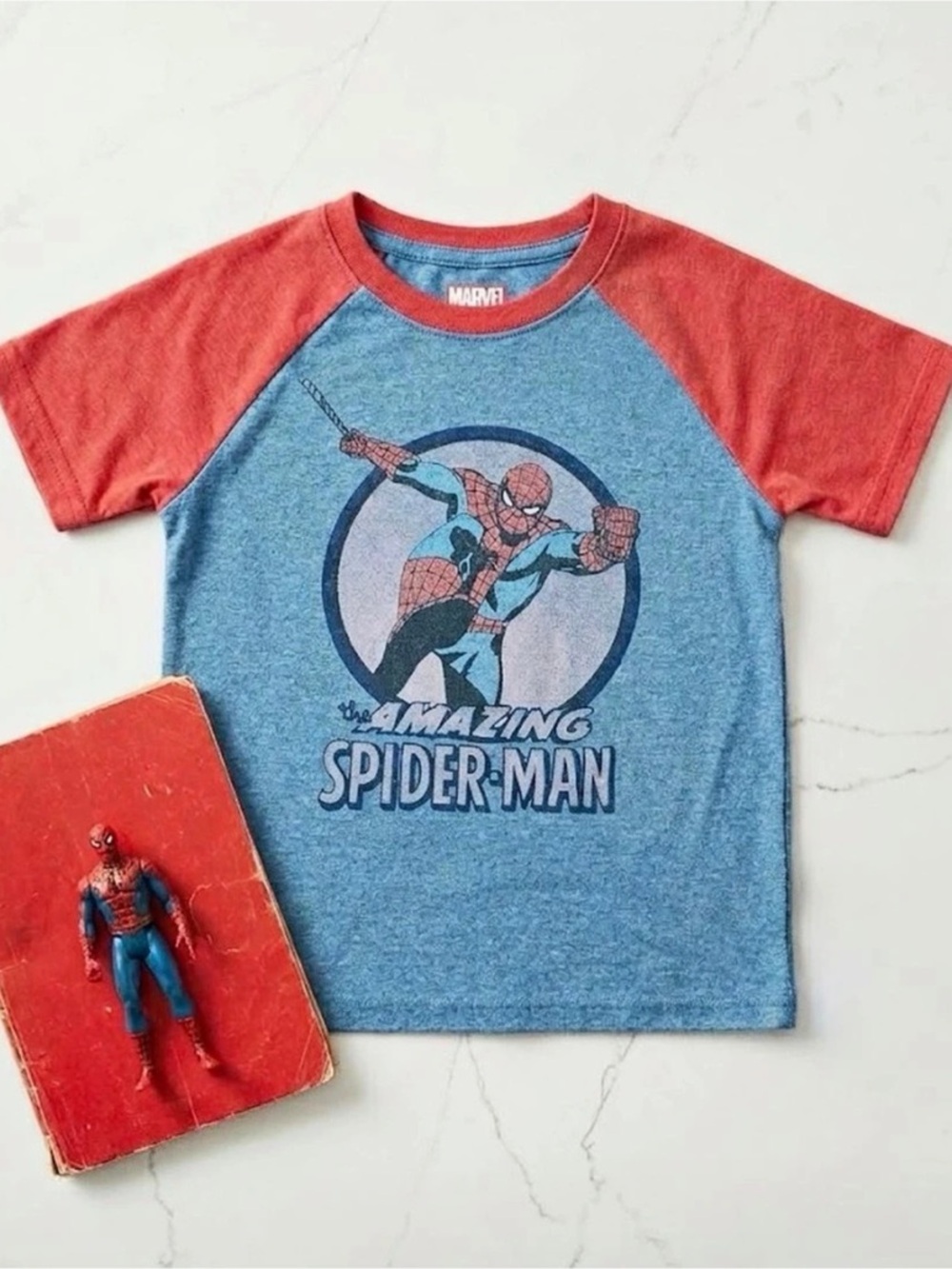 Marvel Boys The Amazing Spider-Man Raglan Graphic Tee — Heather Blue Red Size 4T